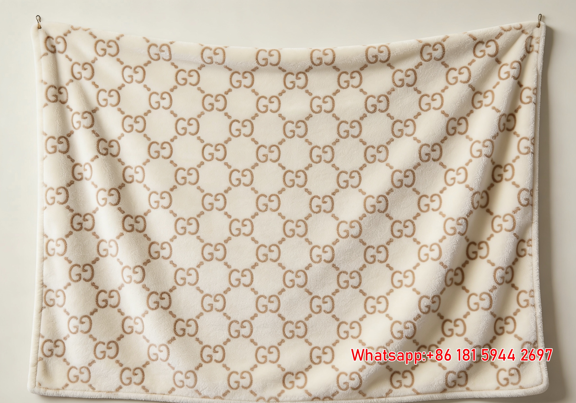 White & Light Gold GG Monogram Allover Flannel Fleece Blanket – Wall Hanging Decor Gucci throw blanket IMG_2539